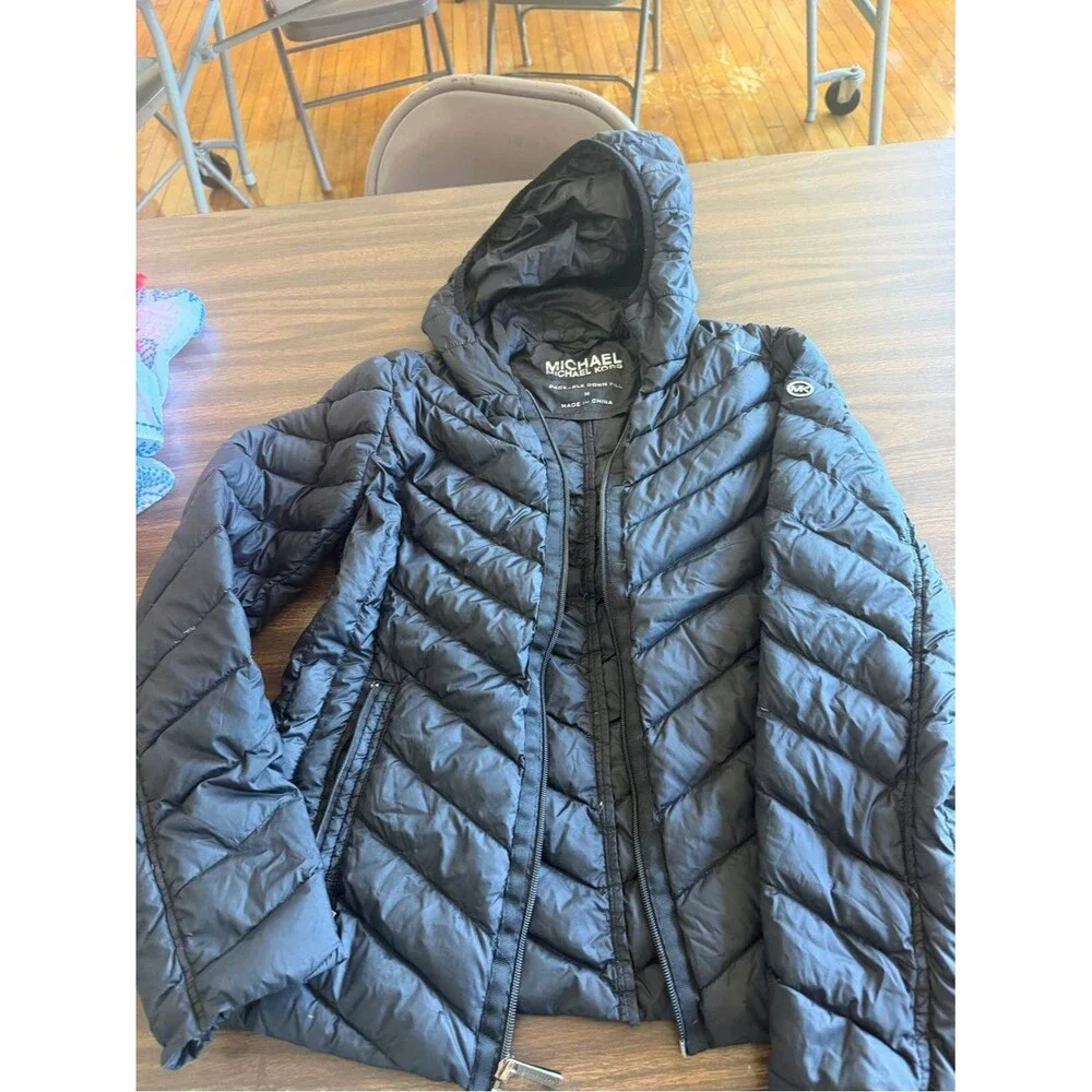 Michael Kors Black Puffer Jacket with Gold Logo Medallion